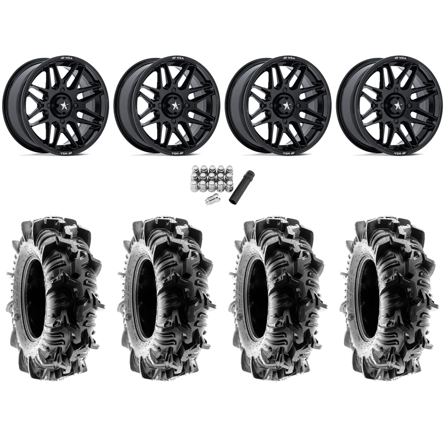 Terache Aztex XL 32x9-14 (8ply) Tires on MSA M52 Radar Gloss Black